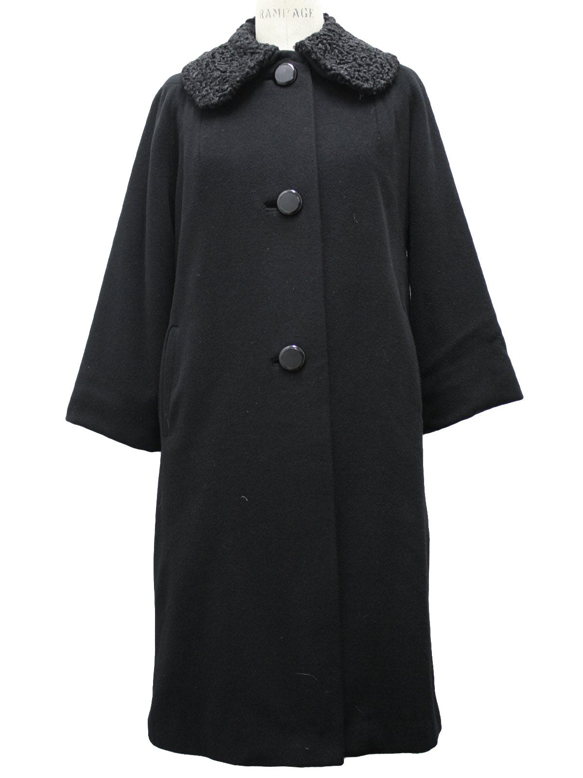 Vintage 1960s Black Cashmere Trench Coat Women's Medium Persian Lamb Collar